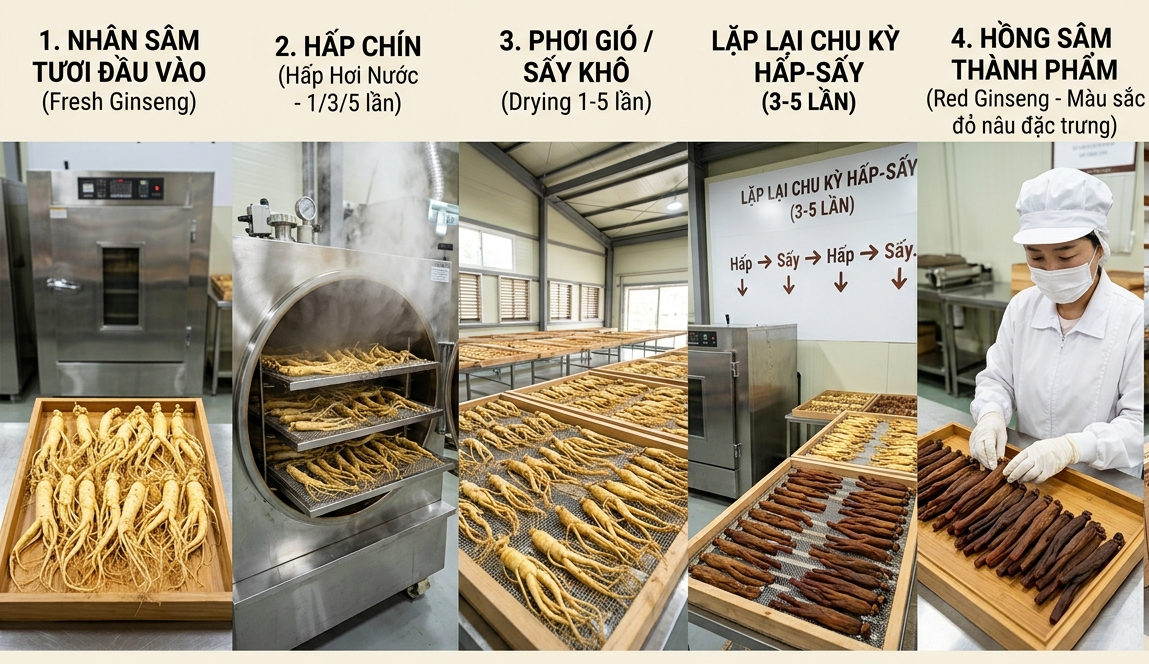 Quy trình hấp - sấy từ nhân sâm trở thành hồng sâm
